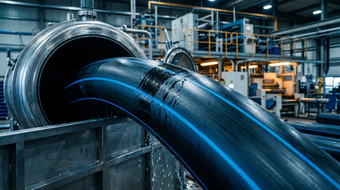 Large-diameter HDPE pipe leaving a vacuum calibration tank