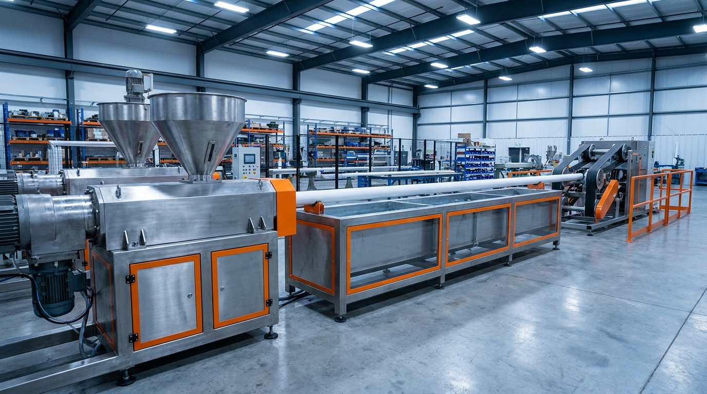 Conical twin-screw PVC pipe extrusion line with haul-off unit