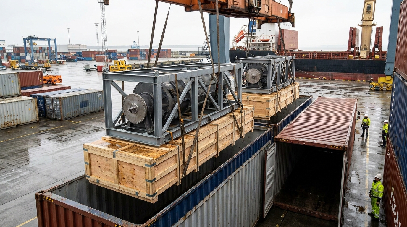 Extrusion machinery packed and loaded into shipping containers for export